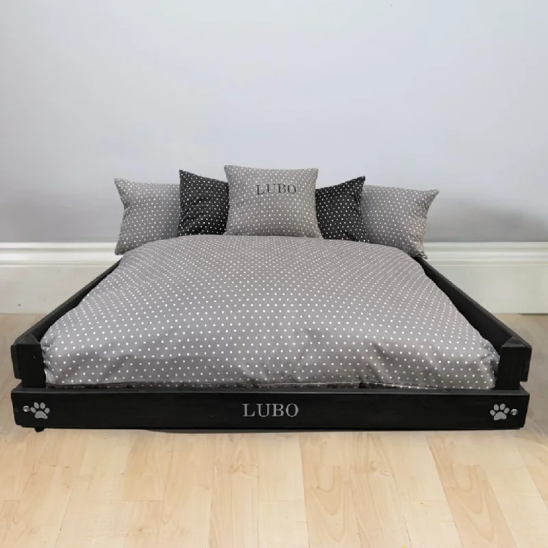 - Cat stress soothing sprayPersonalised Black Wooden Dog Bed With Black & Grey Spot Cushions - Cat stress soothing sprayPersonalised Black Wooden Dog Bed With Black & Grey Spot Cushions
