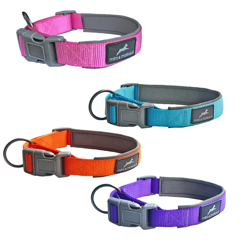 . **Pet comb to remove loose hair**Nylon Dog Collar / w adjustable clasp & neoprene padding - Turquoise, Pink, Orange, Purple . **Pet comb to remove loose hair**Nylon Dog Collar / w adjustable clasp & neoprene padding - Turquoise, Pink, Orange, Purple
