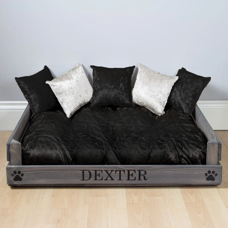 - Postoperative pet anti-licking Elizabethan collarPersonalised Grey Wooden Dog Bed With Black and Silver Velvet Cushions - Postoperative pet anti-licking Elizabethan collarPersonalised Grey Wooden Dog Bed With Black and Silver Velvet Cushions