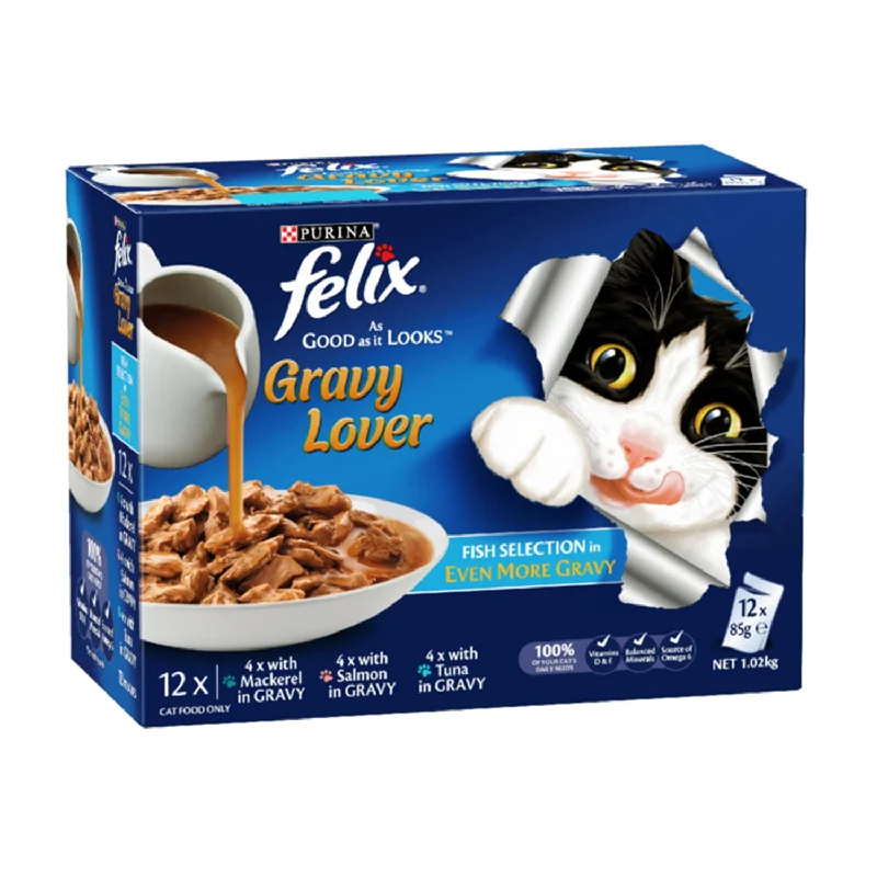    - Affordable cat food with good quality  Felix Gravy Lovers Fish Selection Adult Wet Cat Food Pouches 12 x 85g