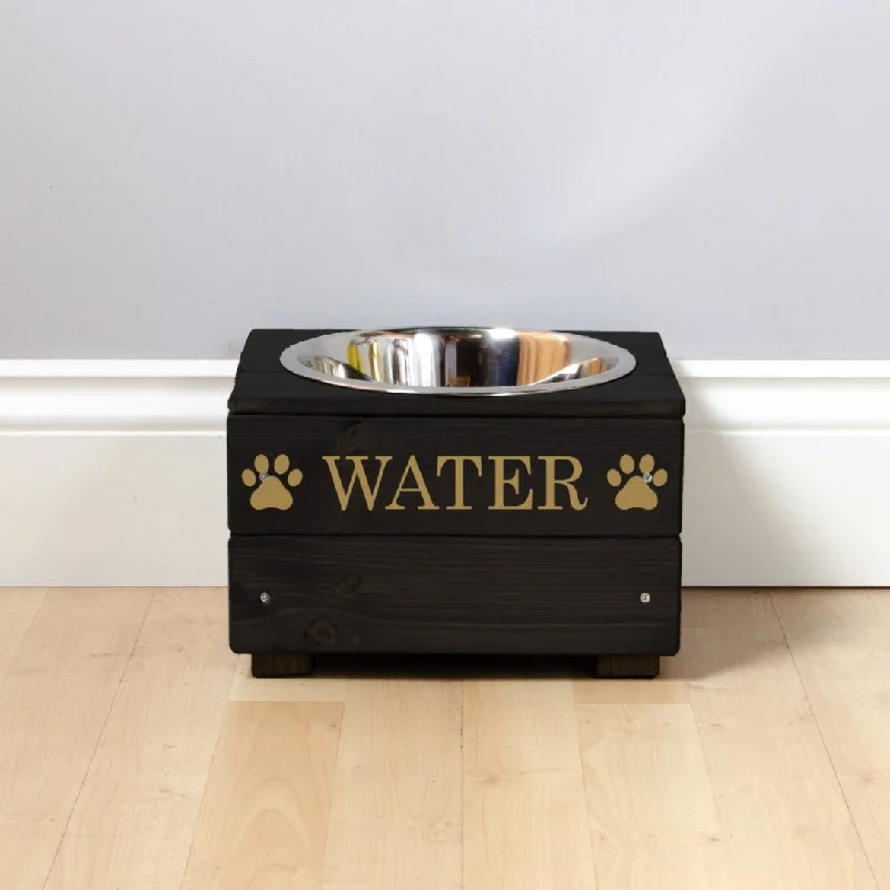 ---Personalised Black Wooden Single Dog Bowl Feeder With Gold Lettering