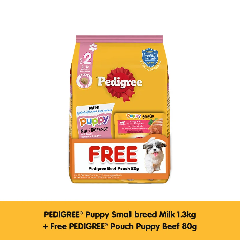 - Food for sterilized dogsPEDIGREE® Puppy Small breed Milk 1.3kg + FREE PEDIGREE® Pouch Puppy Beef 80g