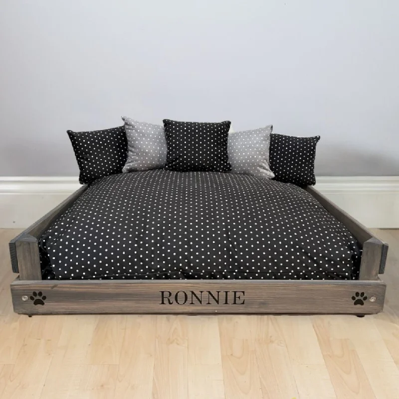 - Elderly dog joint care mattressPersonalised Grey Wooden Dog Bed With Black & Grey Spot Cushions - Elderly dog joint care mattressPersonalised Grey Wooden Dog Bed With Black & Grey Spot Cushions