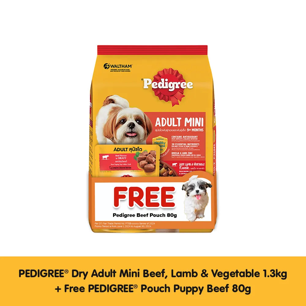 - Food for small dogsPEDIGREE® Dry Adult Mini Beef, Lamb & Vegetable 1.3kg + FREE PEDIGREE® Pouch Puppy Beef 80g